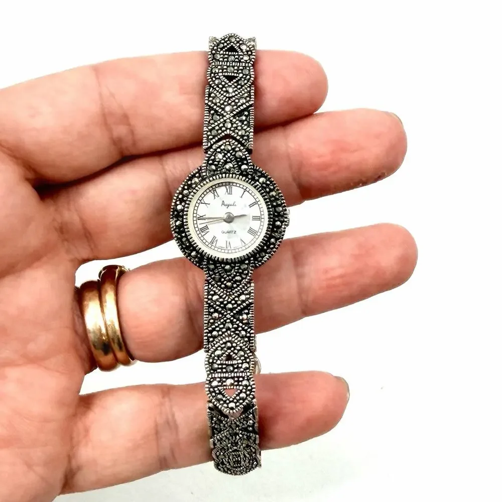 Vintage Anjuli Sterling Silver & Marcasite Womens Cocktail Watch